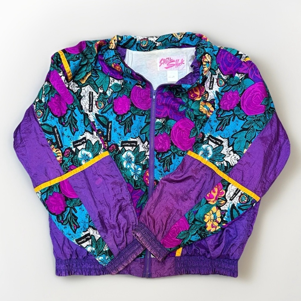 Rare Vintage 80s Shell Shock Rosa Damascana Purple Floral Windbreaker Large/XL - Picture 4 of 8
